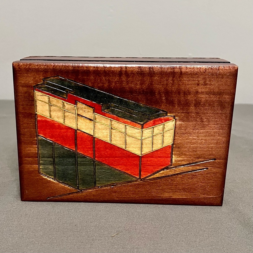 VTG Handmade Wooden Trinket Box W/ Carved Ski Lift Made In Poland 6.5x4.5x2.25”